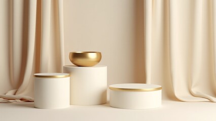 Cosmetic Display With Gold Accents, Beige Background