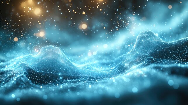 Abstract digital waves, glowing particles, dark background, bokeh lights