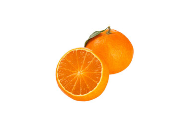 Fresh Orange Citrus Fruit with Slice and Green Leaf Isolated on White Background