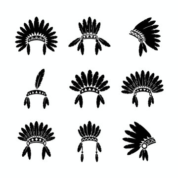 Vector art of set of native american indian chief headdress tribal traditional hat with feathers war bonnet vector illustration