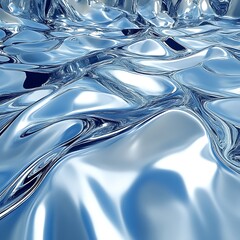 Abstract liquid metal texture.  Rippling, reflective, and smooth surface with shades of light blue and silver.  Flowing, undulating patterns create a sense of movement and depth