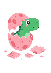 Obraz premium Cute Green Dinosaur Hatching from Pink Spotted Egg Cartoon