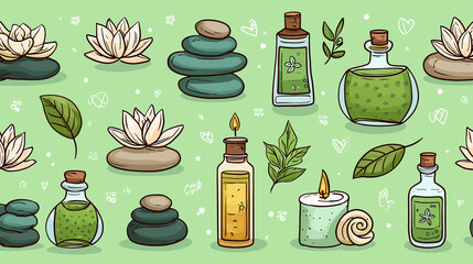Spa stones lotus flower essential oil bottle green leaves candle seamless pattern relaxation wellness aromatherapy natural elements create calming and peaceful atmosphere this seamless spa design