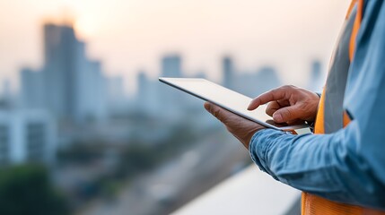 A construction worker uses a tablet on a rooftop, overlooking a cityscape.