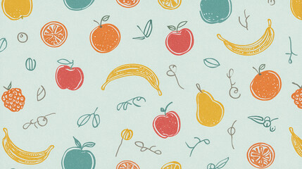 Lineart seamless pattern of colorful fruits including bananas, apples, pears, oranges, and berries with leaves on light background creating cheerful and fresh design
