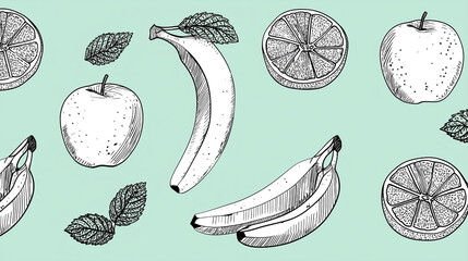 Lineart seamless pattern of fruits with apples, bananas, oranges, and leaves on light green background, creating fresh and natural feeling design