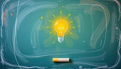 art of chalkboard with eraser resting at bottom, doodle of glowing lightbulb drawn in center