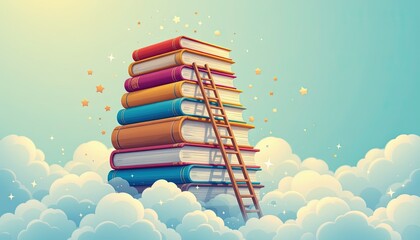 illustration of giant stack of books placed on cloud, stars glowing around edges