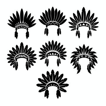 Vector art of collection of native american headdress icons set of different indian chief feather hat or war bonnet silhouette