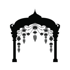 Vector art of ornate black and white indian wedding arch vector illustration decorative entrance gate with lotus design