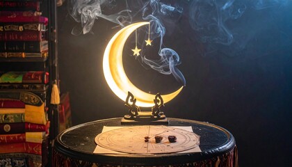Dreamy esoteric visuals with celestial objects &ndash; moon phases, stars, constellations, tarot cards, and crystals. Candlelight and mist create a spiritual, mystical setting. Perfect for astrology, ritual
