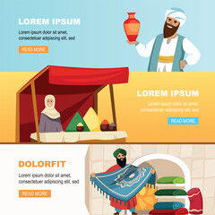 Asian market banners, turkish outdoor sellers souvenirs jewerly carpets, pottery, arabic tourist. vector cartoon flat concept banners.
