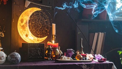 Dreamy esoteric visuals with celestial objects &ndash; moon phases, stars, constellations, tarot cards, and crystals. Candlelight and mist create a spiritual, mystical setting. Perfect for astrology, ritual