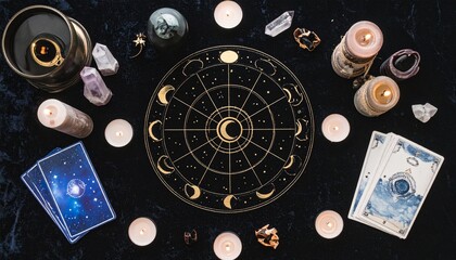 Dreamy esoteric visuals with celestial objects &ndash; moon phases, stars, constellations, tarot cards, and crystals. Candlelight and mist create a spiritual, mystical setting. Perfect for astrology, ritual