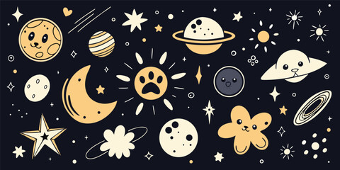 Whimsical space adventure vector featuring planets stars moons and cute cosmic characters against a dark background