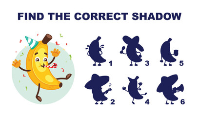 find the correct shadow banana. cute funny character, childish education game with fruits. vector cartoon flat graphics