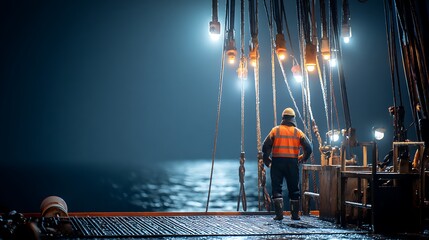 A lone sailor stands on the deck of a ship, gazing out at the dark, vast ocean.