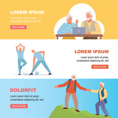 senior couple lifestyle. cartoon grandparents elderly characters banners, happy pensioner activity concept. vector cartoon flat banner.
