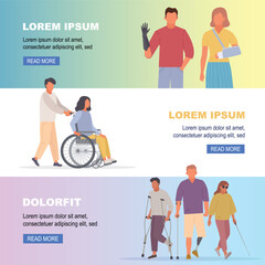 handicapped people banner. characters with disables on wheelchair, bionic leg, prothesis. vector horizontal banners.