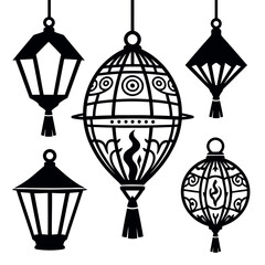 Vector art of collection of decorative chinese lanterns, showcasing intricate designs and cultural symbolism in elegant black silhouettes
