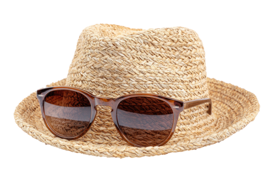 Beige straw fedora hat with brown sunglasses