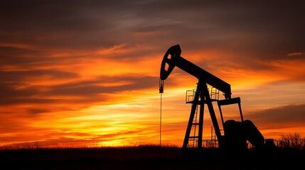 A silhouette of an oil well against a vibrant sunset sky, capturing the essence of industrial exploration and the beauty of nature's transition.