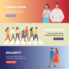 pedestrians banner, urban crossroad zebra, people walking, characters in city. vector cartoon flat banners.