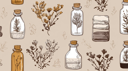 Lineart seamless pattern of spa oils, flowers, and towels in warm brown tones, creating calming and natural atmosphere for relaxation and wellness