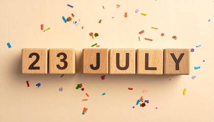 Wooden Blocks with Date 23 July. Calendar for birthday or anniversary on solid colored background with confetti