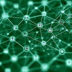 Abstract network graphic with interconnected icons.  Green hues depict a complex system of connections