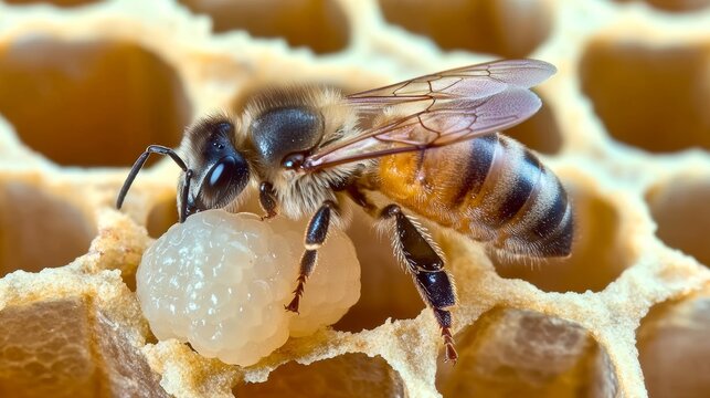 A Close-Up of a Bee Collecting Pollen from a Honeycomb Cell, Showcasing Biodiversity and Health