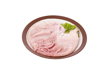 Fresh Raw Pork Belly Meat on Plate with Lettuce Garnish for Culinary Cooking