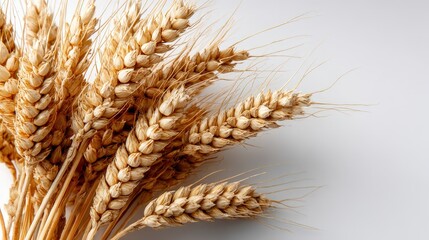 A close-up of golden wheat stalks, showcasing their texture and natural beauty against a neutral background.