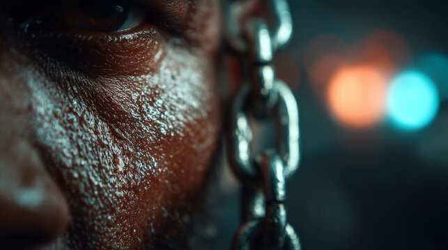 Close-up of a wet face with chain details in low key lighting - Powered by Adobe