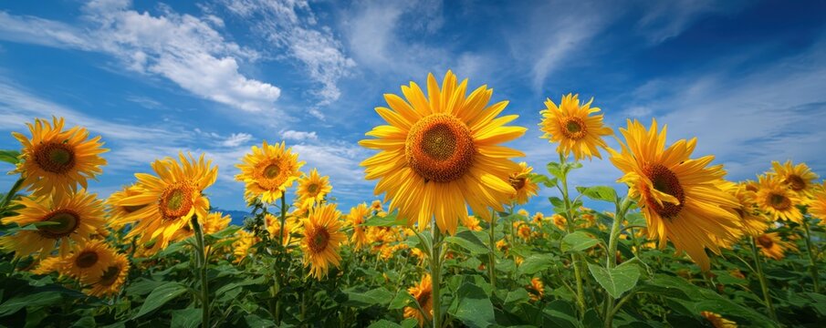 Sunflowers, JAPAN. Field of blooming sunflowers on a background blue sky. MZ 