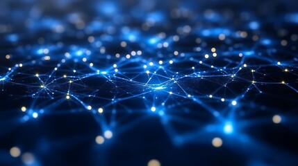 Abstract network of glowing points and lines.  Complex, interconnected nodes and connections in a dark blue space