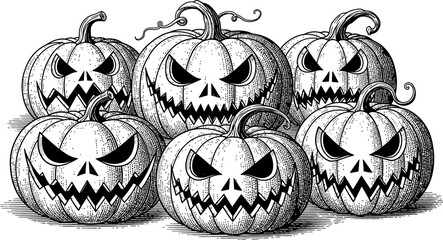 Collection of spooky jack-o'-lanterns with evil carved faces, a detailed black and white Halloween illustration. A detailed vintage engraving illustration style, hand drawn vector illustration