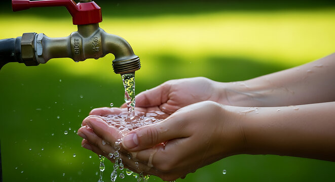 Hands collecting pure, fresh water from an outdoor tap, highlighting the importance of conservation and natural resources