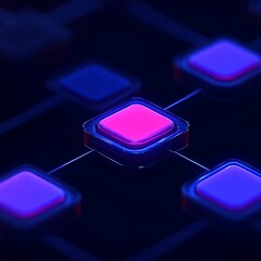 Abstract network of glowing square buttons.  Dark background, interconnected by lines.  Bright pink and blue squares.  3D design
