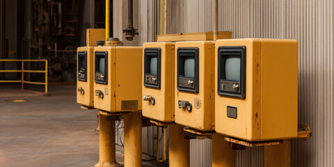  row of vintage yellow control panels with small screens, set against a textured wall, suggesting an industrial environment.
