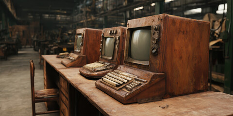 Vintage computers with wooden exteriors sit on a worn desk in an industrial setting, showcasing the evolution of technology.