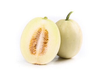 Fresh Yanliang Melon Cut in Half with Seeds on White Background
