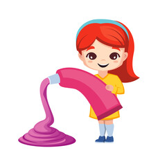 happy child drawing. cute funny girl with colorful aquarelle paint tube, artistic painting hobby, childish art activity. vector cartoon character.