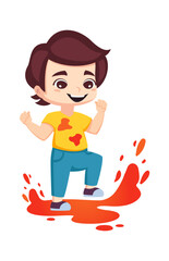 happy kid drawing. artistic painting hobby, cute funny boy with colorful aquarelle paint tube. vector cartoon character.
