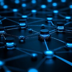 Abstract network of interconnected nodes.  Dark background with glowing blue connections