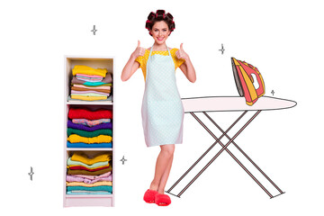 Composite photo collage of happy girl housewife pedant folded clothes shelf iron board dry...