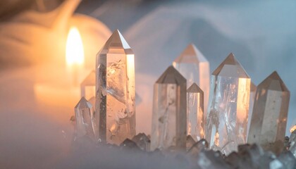 Mystical flat lays featuring sacred geometry patterns created with crystals, gemstones, candles, and herbs. Arranged in mandala-like designs on dark textured backgrounds with glowing atmospheric light