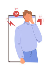 cyber bullying. sad teenager had dislike and mockery, shame stress, abuse and depression. vector cartoon flat concept illustration.