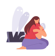 cyber bullying. stress abuse depression and shame, sad teenager had dislike and mockery. vector cartoon flat concept illustration.
