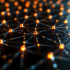 Abstract network of interconnected nodes.  Glowing orange orbs connected by thin lines on a dark background.  Focus is on the network structure
